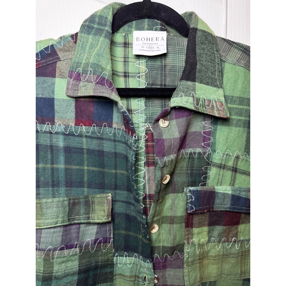 ‼️SALE‼️Bohera Green Patchwork Plaid Flannel Shirt Shacket Zigzag Stitching - Picture 4 of 7